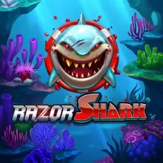 Bison Casino Razor Shark Slot mit Haifischlogo und Korallenriff